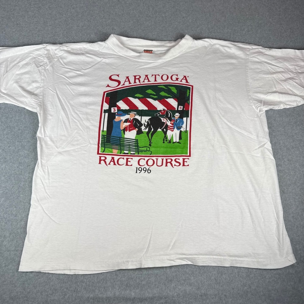 Vintage Mega Top T-Shirt Mens XL White Saratoga Race Course 1996 Horse Racing